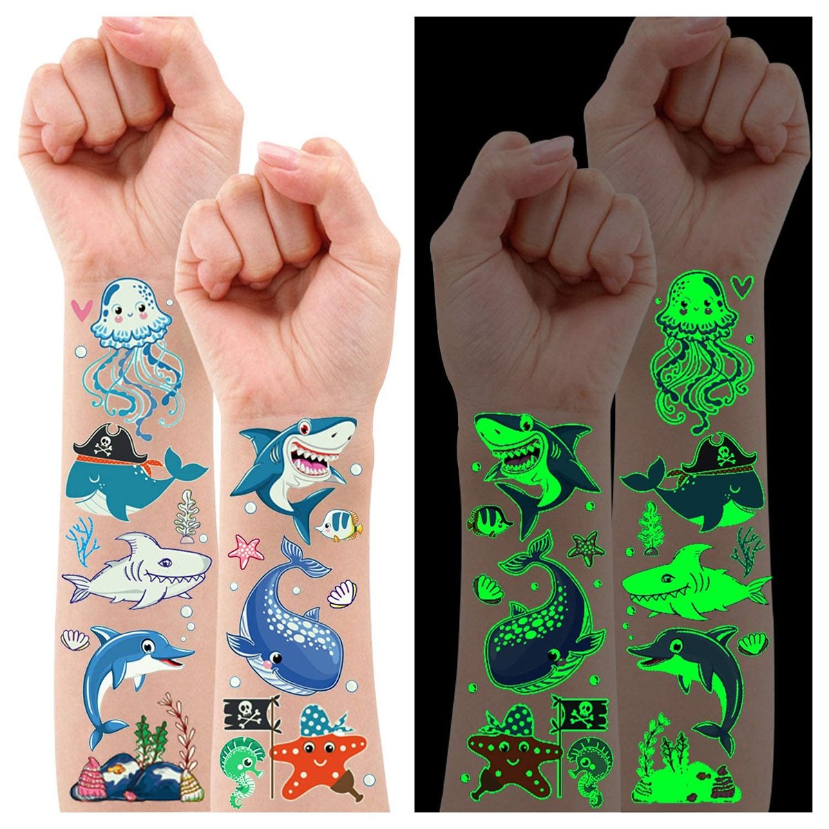 Partywind 130 Motive Leuchtende Hai Tattoos für Kinder, Glow-in-the-Dark Hai Geburtstagsdeko Partygeschenke für Jungen und Mädchen, Ozean Unterwasser Fake Tattoo Aufkleber (10 Blatt)