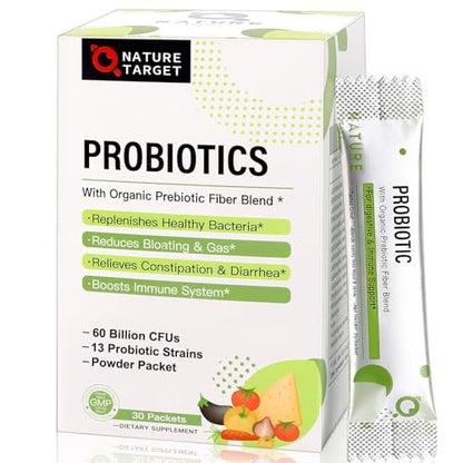 NATURE TARGET Probiotika für Frauen, Männer, Kinder – 60 Milliarden KBE, 13 Stämme, Präbiotika & Probiotika für die Verdauungsgesundheit, haltbar, nicht GV, glutenfrei, 30 Portionsbeutel