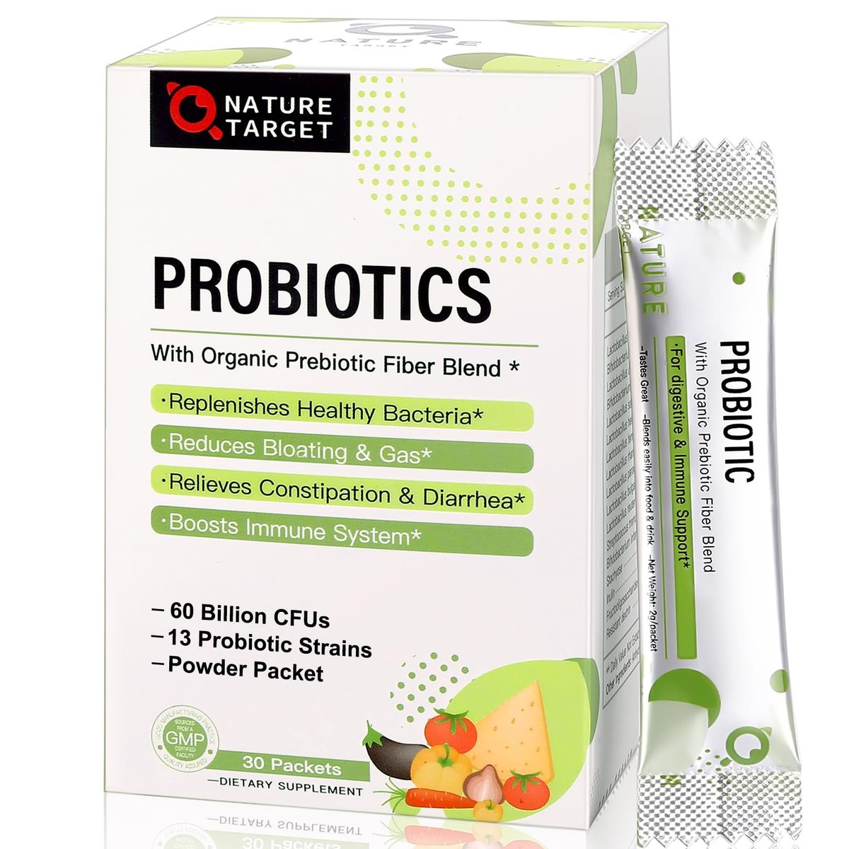 NATURE TARGET Probiotika für Frauen, Männer, Kinder – 60 Milliarden KBE, 13 Stämme, Präbiotika & Probiotika für die Verdauungsgesundheit, haltbar, nicht GV, glutenfrei, 30 Portionsbeutel