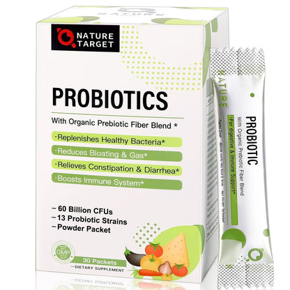NATURE TARGET Probiotika für Frauen, Männer, Kinder – 60 Milliarden KBE, 13 Stämme, Präbiotika & Probiotika für die Verdauungsgesundheit, haltbar, nicht GV, glutenfrei, 30 Portionsbeutel