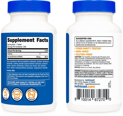 Nutricost Eisen (als Eisensulfat) 65mg, 240 Tabletten – Non-GMO, Glutenfrei