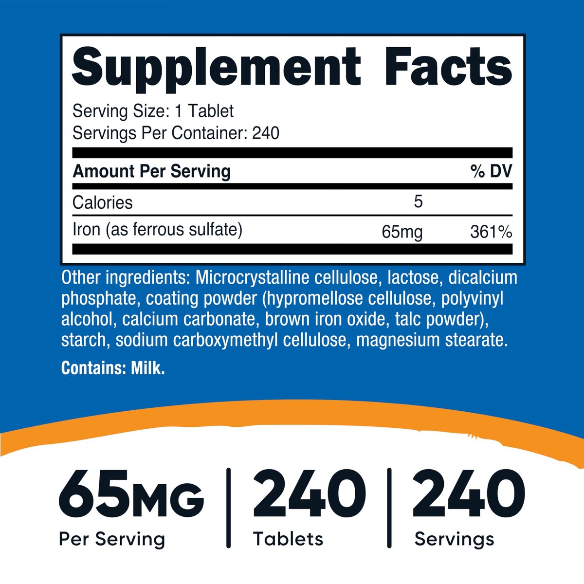 Nutricost Eisen (als Eisensulfat) 65mg, 240 Tabletten – Non-GMO, Glutenfrei