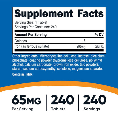 Nutricost Eisen (als Eisensulfat) 65mg, 240 Tabletten – Non-GMO, Glutenfrei