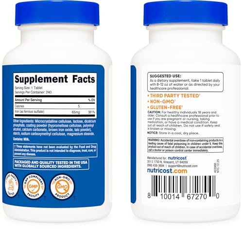 Nutricost Eisen (als Eisensulfat) 65mg, 240 Tabletten – Non-GMO, Glutenfrei