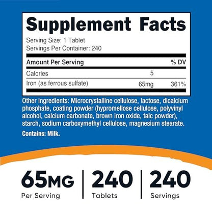 Nutricost Eisen (als Eisensulfat) 65mg, 240 Tabletten – Non-GMO, Glutenfrei