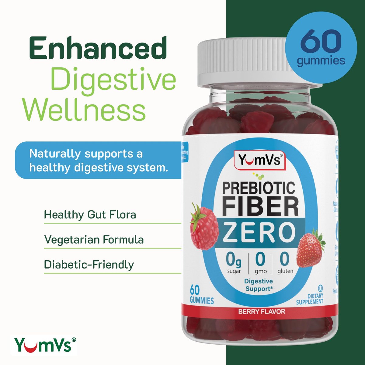 YumVs Zuckerfreie Ballaststoff Gummibärchen für Erwachsene – 4g Präbiotikum für Darm & Verdauung – Keto-freundlich, vegan, glutenfrei – Beerengeschmack – 60 Stück