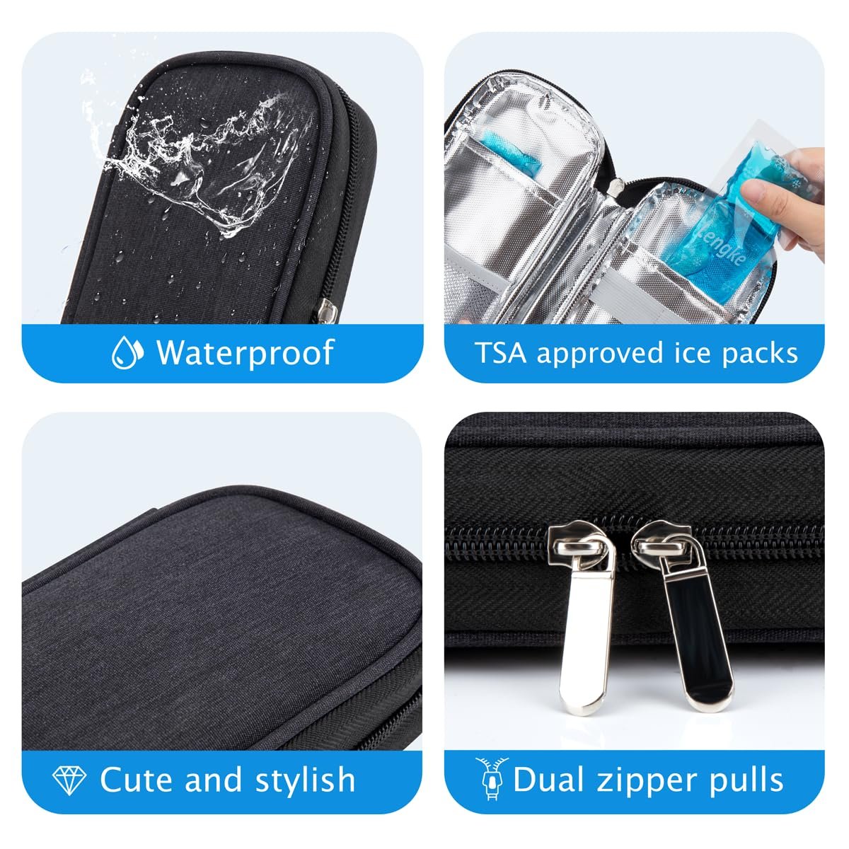 YOUSHARES Insulin Kühlbox Reiseetui - Diabetiker Etui Isoliert Organizer Tragbare Kühltasche für Insulin Pens und Medikamente Diabetiker Pflegezubehör mit 2 TSA-zugelassenen Kühlakkus (Schwarz)