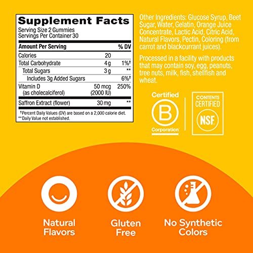 OLLY Hello Happy Gummy Worms – Stimmungs-Gummibärchen für Erwachsene mit Safranextrakt & Vitamin D, tropischer Geschmack, 60 Stück (30 Tage Vorrat)