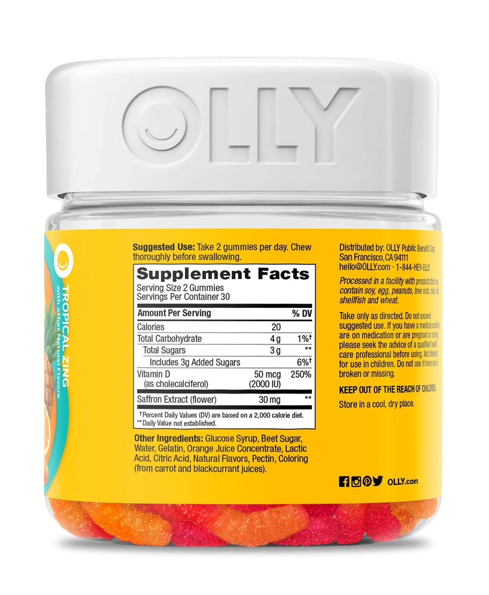 OLLY Hello Happy Gummy Worms – Stimmungs-Gummibärchen für Erwachsene mit Safranextrakt & Vitamin D, tropischer Geschmack, 60 Stück (30 Tage Vorrat)