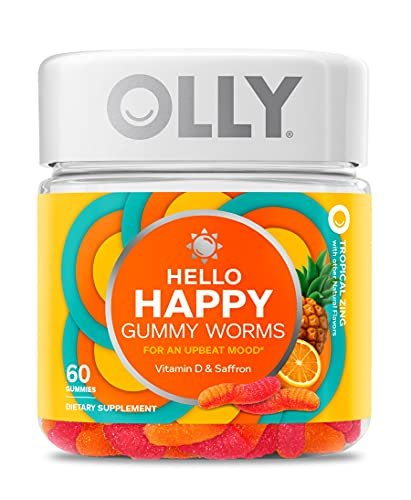 OLLY Hello Happy Gummy Worms – Stimmungs-Gummibärchen für Erwachsene mit Safranextrakt & Vitamin D, tropischer Geschmack, 60 Stück (30 Tage Vorrat)