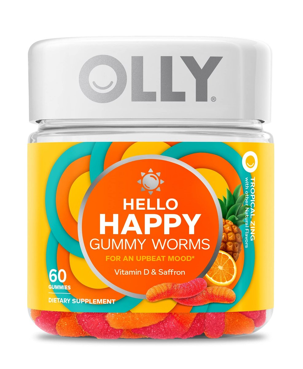 OLLY Hello Happy Gummy Worms – Stimmungs-Gummibärchen für Erwachsene mit Safranextrakt & Vitamin D, tropischer Geschmack, 60 Stück (30 Tage Vorrat)