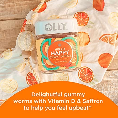 OLLY Hello Happy Gummy Worms – Stimmungs-Gummibärchen für Erwachsene mit Safranextrakt & Vitamin D, tropischer Geschmack, 60 Stück (30 Tage Vorrat)