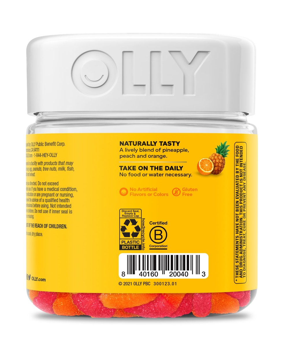 OLLY Hello Happy Gummy Worms – Stimmungs-Gummibärchen für Erwachsene mit Safranextrakt & Vitamin D, tropischer Geschmack, 60 Stück (30 Tage Vorrat)