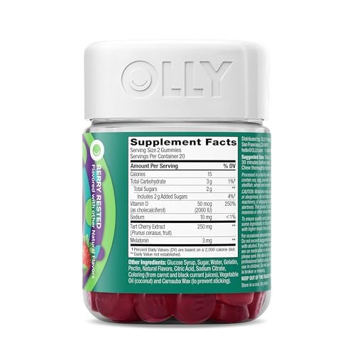 OLLY Muscle Recovery Sleep Gummies – Einschlafhilfe mit Melatonin, Tart Cherry Extrakt & Vitamin D, Beeriger Geschmack, 40 Gummis (20 Tage Vorrat)