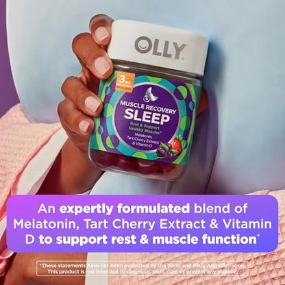 OLLY Muscle Recovery Sleep Gummies – Einschlafhilfe mit Melatonin, Tart Cherry Extrakt & Vitamin D, Beeriger Geschmack, 40 Gummis (20 Tage Vorrat)