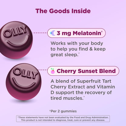 OLLY Muscle Recovery Sleep Gummies – Einschlafhilfe mit Melatonin, Tart Cherry Extrakt & Vitamin D, Beeriger Geschmack, 40 Gummis (20 Tage Vorrat)