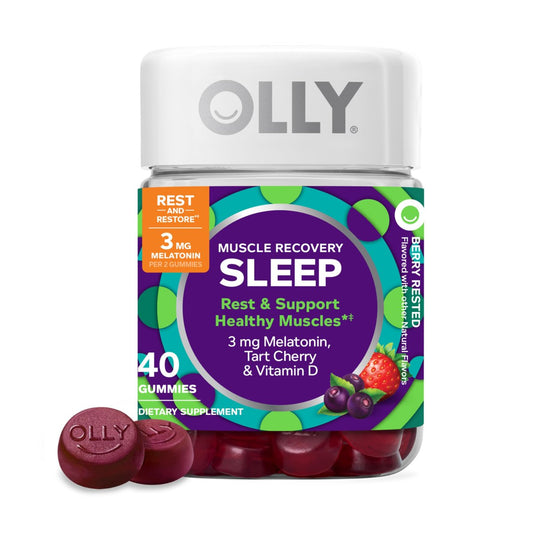 OLLY Muscle Recovery Sleep Gummies – Einschlafhilfe mit Melatonin, Tart Cherry Extrakt & Vitamin D, Beeriger Geschmack, 40 Gummis (20 Tage Vorrat)