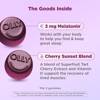 OLLY Muscle Recovery Sleep Gummies – Einschlafhilfe mit Melatonin, Tart Cherry Extrakt & Vitamin D, Beeriger Geschmack, 40 Gummis (20 Tage Vorrat)