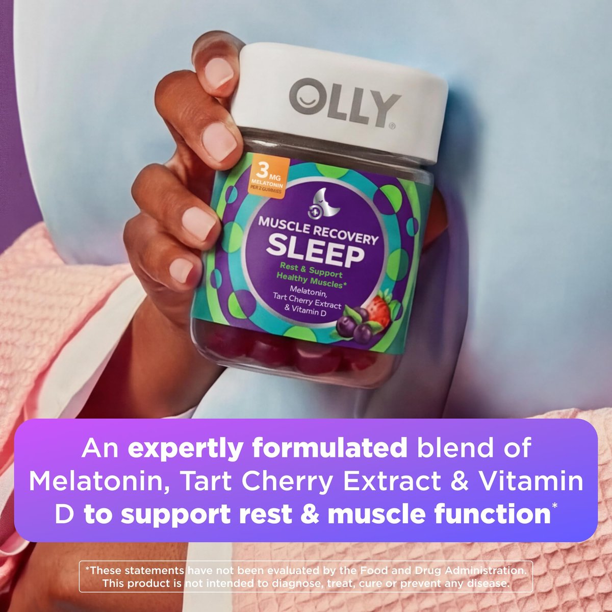 OLLY Muscle Recovery Sleep Gummies – Einschlafhilfe mit Melatonin, Tart Cherry Extrakt & Vitamin D, Beeriger Geschmack, 40 Gummis (20 Tage Vorrat)