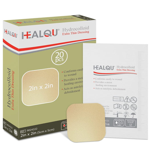 Healqu Hydrokolloid Wundauflage - 5x5 cm dünn - 20 Stück steril - wasserdicht und saugfähig für Druckgeschwüre, Schürfwunden und mehr