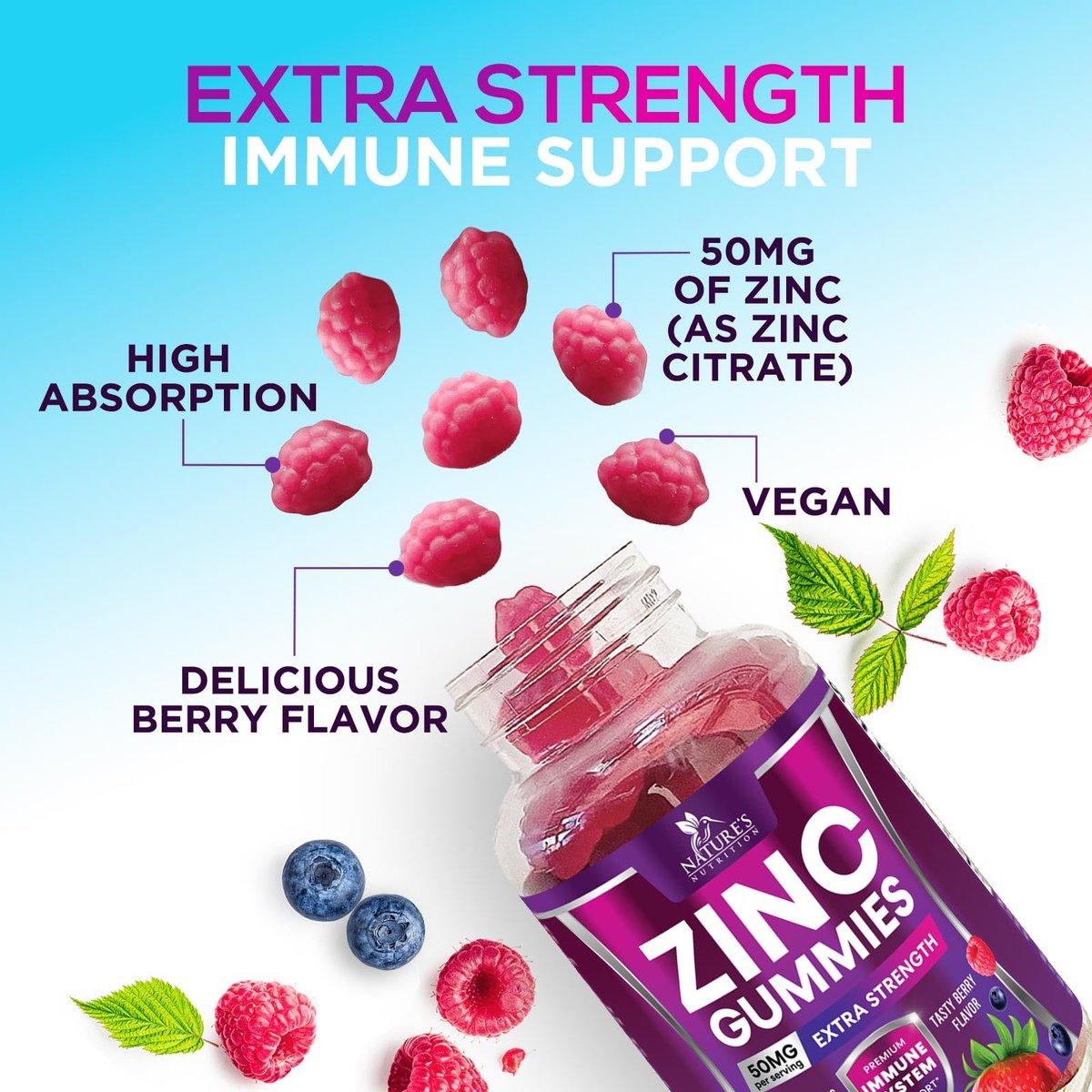 Zink Gummibärchen – 50 mg Zink pro Portion für Immunsystem, Haut & Knochen – Premium Antioxidans, vegan, leckerer Beerengeschmack, 60 Gummis