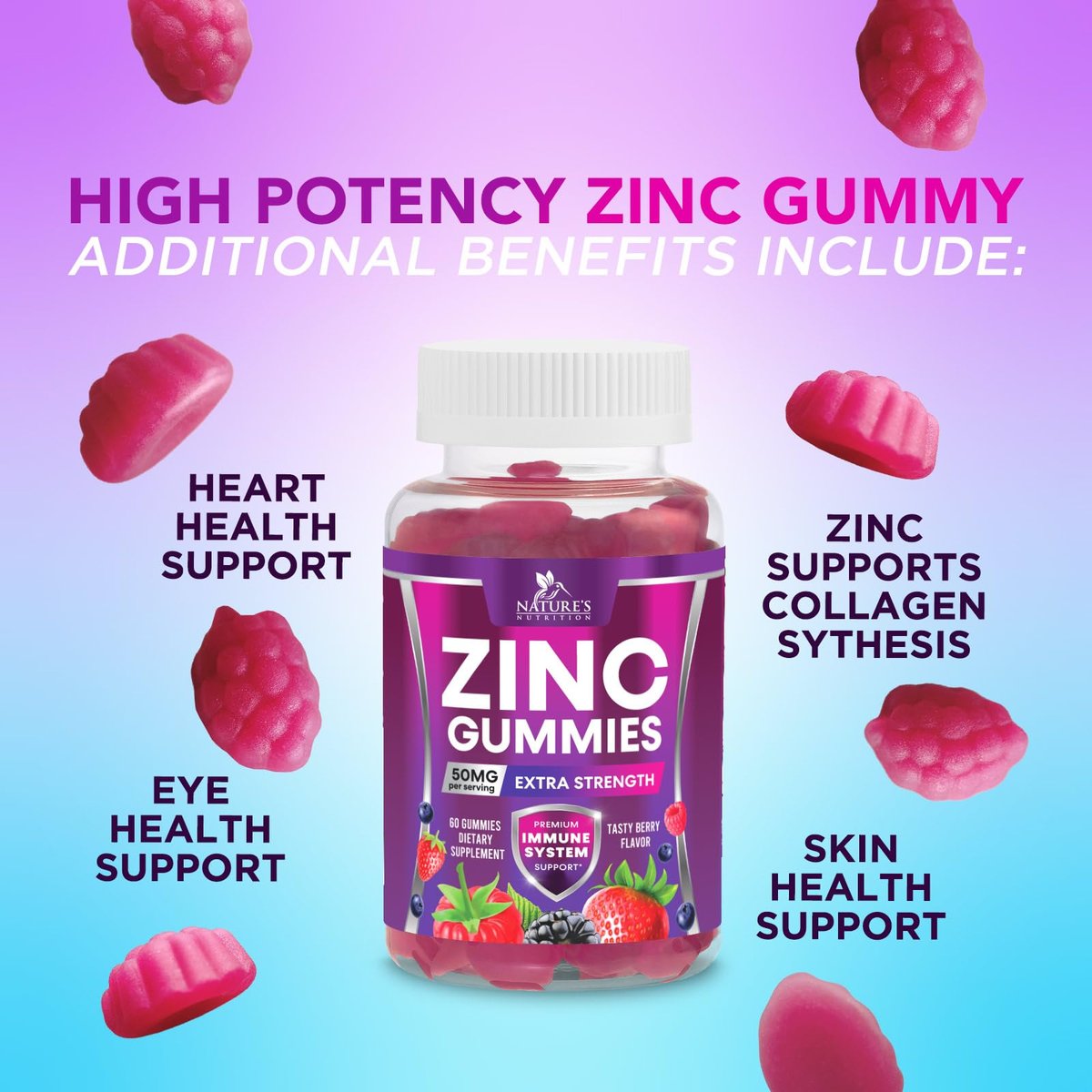 Zink Gummibärchen – 50 mg Zink pro Portion für Immunsystem, Haut & Knochen – Premium Antioxidans, vegan, leckerer Beerengeschmack, 60 Gummis