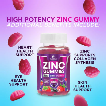 Zink Gummibärchen – 50 mg Zink pro Portion für Immunsystem, Haut & Knochen – Premium Antioxidans, vegan, leckerer Beerengeschmack, 60 Gummis