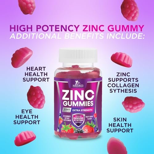 Zink Gummibärchen – 50 mg Zink pro Portion für Immunsystem, Haut & Knochen – Premium Antioxidans, vegan, leckerer Beerengeschmack, 60 Gummis
