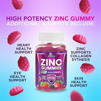 Zink Gummibärchen – 50 mg Zink pro Portion für Immunsystem, Haut & Knochen – Premium Antioxidans, vegan, leckerer Beerengeschmack, 60 Gummis