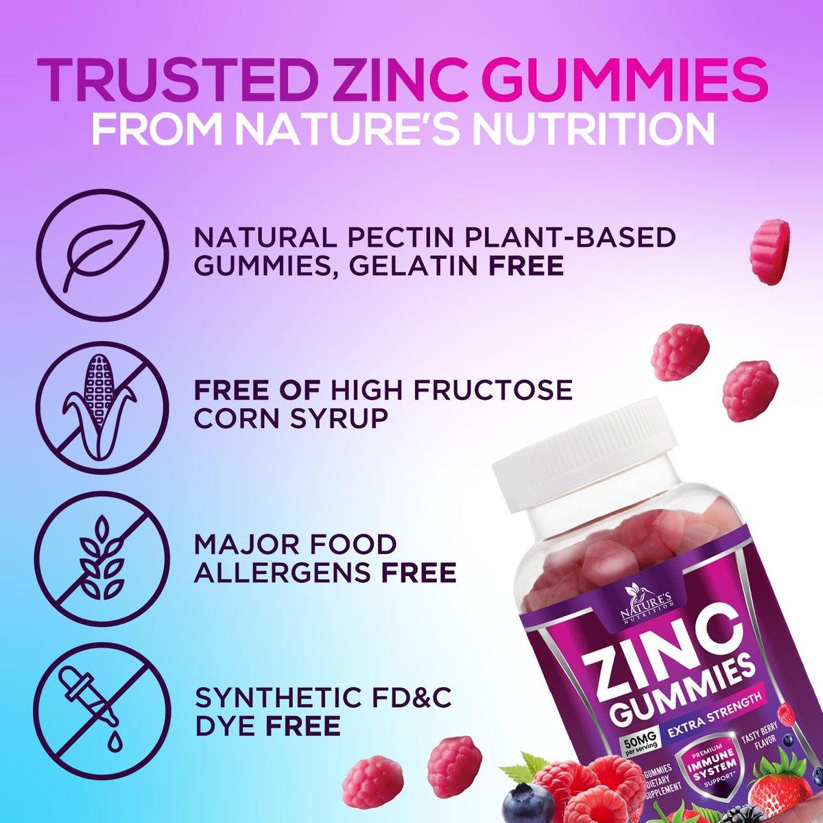 Zink Gummibärchen – 50 mg Zink pro Portion für Immunsystem, Haut & Knochen – Premium Antioxidans, vegan, leckerer Beerengeschmack, 60 Gummis