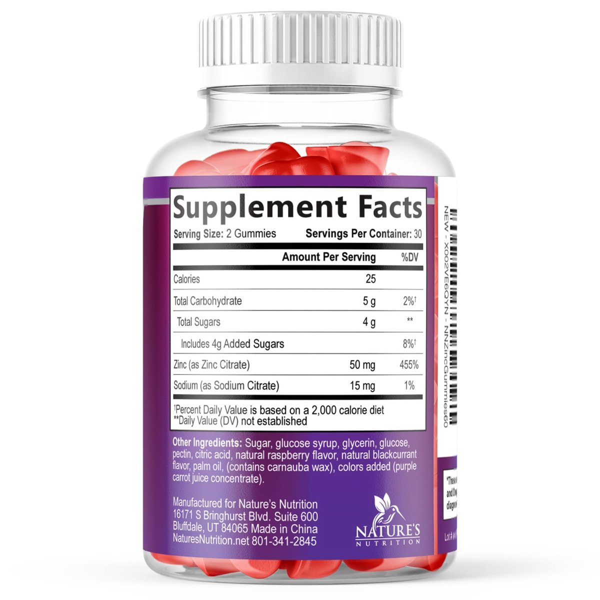 Zink Gummibärchen – 50 mg Zink pro Portion für Immunsystem, Haut & Knochen – Premium Antioxidans, vegan, leckerer Beerengeschmack, 60 Gummis