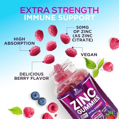 Zink Gummibärchen – 50 mg Zink pro Portion für Immunsystem, Haut & Knochen – Premium Antioxidans, vegan, leckerer Beerengeschmack, 60 Gummis