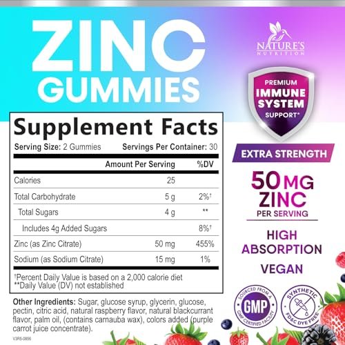 Zink Gummibärchen – 50 mg Zink pro Portion für Immunsystem, Haut & Knochen – Premium Antioxidans, vegan, leckerer Beerengeschmack, 60 Gummis