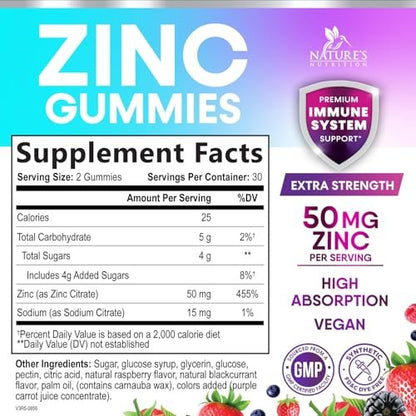 Zink Gummibärchen – 50 mg Zink pro Portion für Immunsystem, Haut & Knochen – Premium Antioxidans, vegan, leckerer Beerengeschmack, 60 Gummis