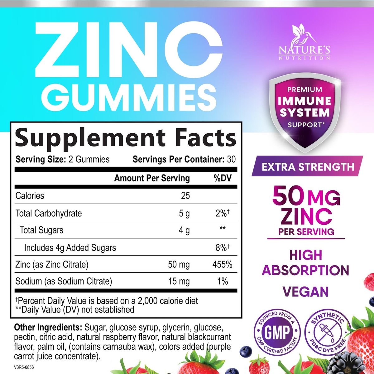 Zink Gummibärchen – 50 mg Zink pro Portion für Immunsystem, Haut & Knochen – Premium Antioxidans, vegan, leckerer Beerengeschmack, 60 Gummis