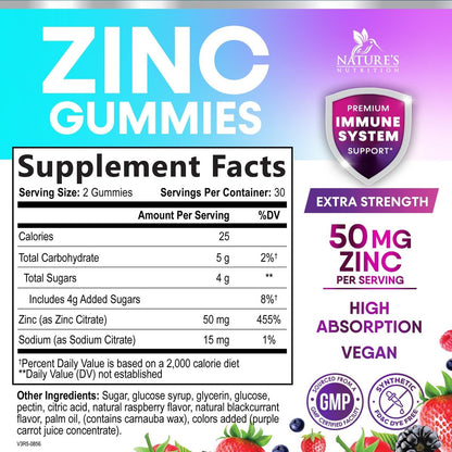 Zink Gummibärchen – 50 mg Zink pro Portion für Immunsystem, Haut & Knochen – Premium Antioxidans, vegan, leckerer Beerengeschmack, 60 Gummis
