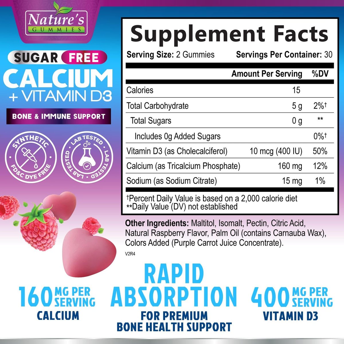 Calcium Gummis ohne Zucker - Calcium Gummibärchen mit Vitamin D3 für beste Aufnahme - Unterstützt Immunsystem, Knochen & Zähne - Natürliche Calcium Kautabletten für Frauen & Männer - Beerengeschmack - 60 Gummis