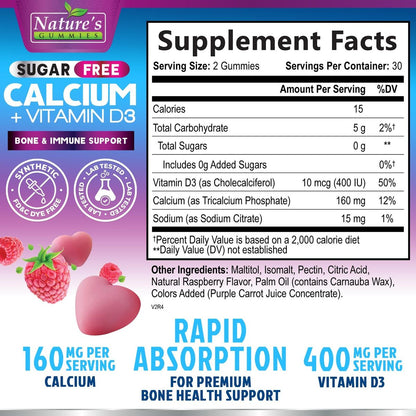 Calcium Gummis ohne Zucker - Calcium Gummibärchen mit Vitamin D3 für beste Aufnahme - Unterstützt Immunsystem, Knochen & Zähne - Natürliche Calcium Kautabletten für Frauen & Männer - Beerengeschmack - 60 Gummis