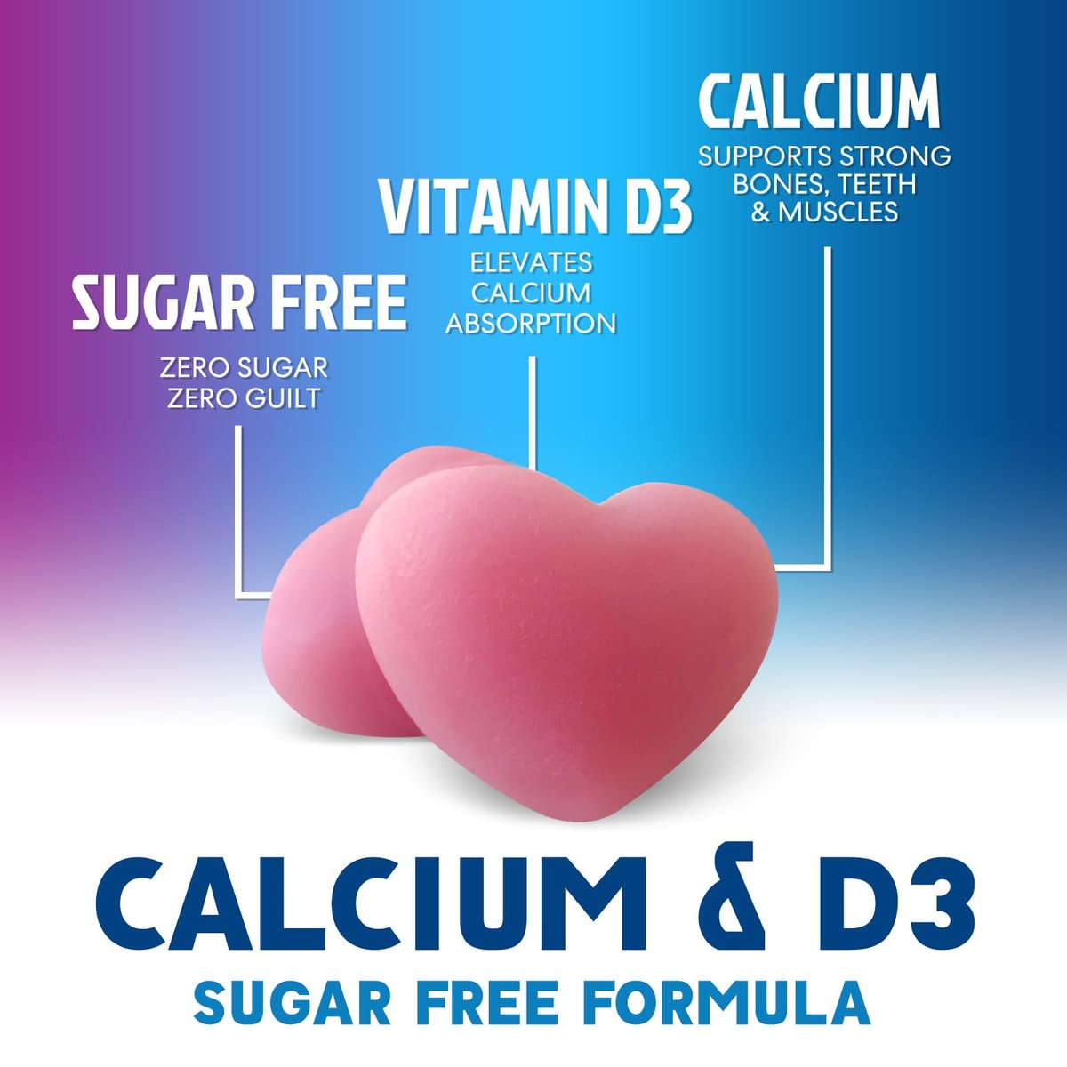 Calcium Gummis ohne Zucker - Calcium Gummibärchen mit Vitamin D3 für beste Aufnahme - Unterstützt Immunsystem, Knochen & Zähne - Natürliche Calcium Kautabletten für Frauen & Männer - Beerengeschmack - 60 Gummis