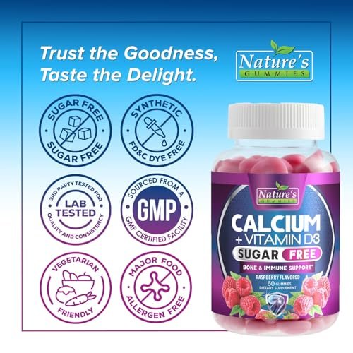 Calcium Gummis ohne Zucker - Calcium Gummibärchen mit Vitamin D3 für beste Aufnahme - Unterstützt Immunsystem, Knochen & Zähne - Natürliche Calcium Kautabletten für Frauen & Männer - Beerengeschmack - 60 Gummis