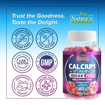 Calcium Gummis ohne Zucker - Calcium Gummibärchen mit Vitamin D3 für beste Aufnahme - Unterstützt Immunsystem, Knochen & Zähne - Natürliche Calcium Kautabletten für Frauen & Männer - Beerengeschmack - 60 Gummis