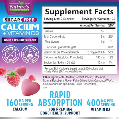 Calcium Gummis ohne Zucker - Calcium Gummibärchen mit Vitamin D3 für beste Aufnahme - Unterstützt Immunsystem, Knochen & Zähne - Natürliche Calcium Kautabletten für Frauen & Männer - Beerengeschmack - 60 Gummis