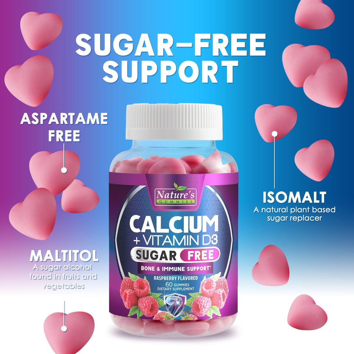 Calcium Gummis ohne Zucker - Calcium Gummibärchen mit Vitamin D3 für beste Aufnahme - Unterstützt Immunsystem, Knochen & Zähne - Natürliche Calcium Kautabletten für Frauen & Männer - Beerengeschmack - 60 Gummis