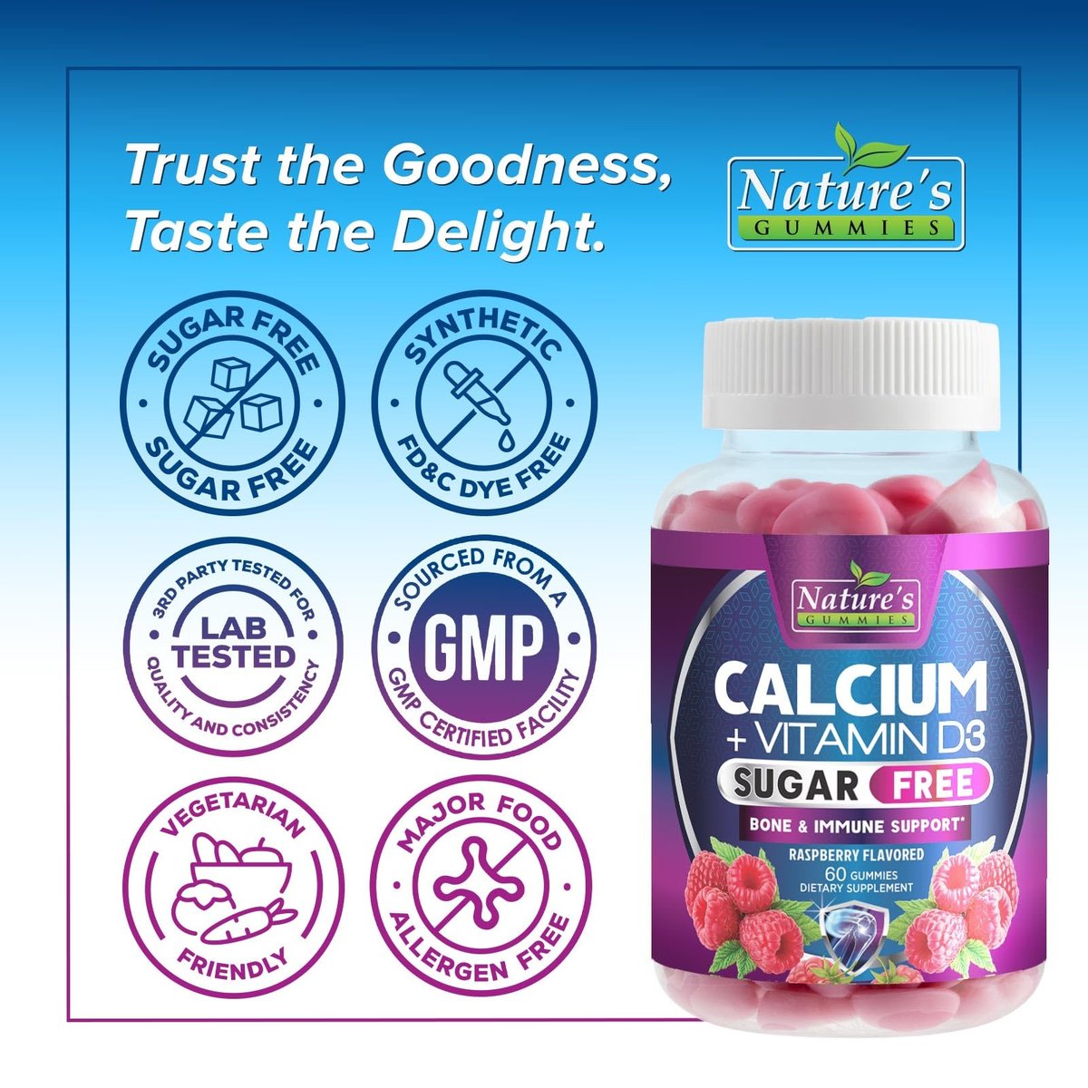 Calcium Gummis ohne Zucker - Calcium Gummibärchen mit Vitamin D3 für beste Aufnahme - Unterstützt Immunsystem, Knochen & Zähne - Natürliche Calcium Kautabletten für Frauen & Männer - Beerengeschmack - 60 Gummis