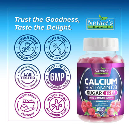 Calcium Gummis ohne Zucker - Calcium Gummibärchen mit Vitamin D3 für beste Aufnahme - Unterstützt Immunsystem, Knochen & Zähne - Natürliche Calcium Kautabletten für Frauen & Männer - Beerengeschmack - 60 Gummis