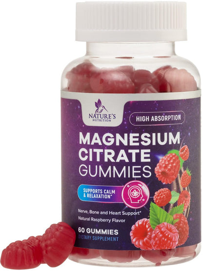 Magnesiumcitrat Gummibärchen für Erwachsene & Kinder – Hochabsorbierendes Magnesiumpräparat – Premium-Unterstützung für Ruhe, Entspannung, Muskeln, Nerven, Knochen & Herz – Leckerer veganer Gummibärchen-Ergänzungsstoff – 60 Gummibärchen