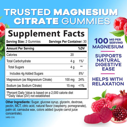 Magnesiumcitrat Gummibärchen für Erwachsene & Kinder – Hochabsorbierendes Magnesiumpräparat – Premium-Unterstützung für Ruhe, Entspannung, Muskeln, Nerven, Knochen & Herz – Leckerer veganer Gummibärchen-Ergänzungsstoff – 60 Gummibärchen