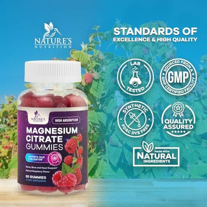 Magnesiumcitrat Gummibärchen für Erwachsene & Kinder – Hochabsorbierendes Magnesiumpräparat – Premium-Unterstützung für Ruhe, Entspannung, Muskeln, Nerven, Knochen & Herz – Leckerer veganer Gummibärchen-Ergänzungsstoff – 60 Gummibärchen