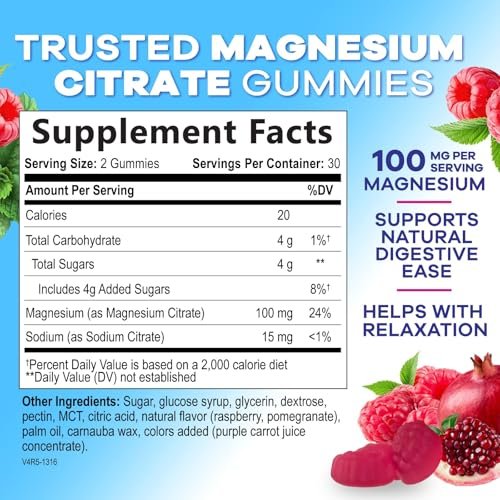 Magnesiumcitrat Gummibärchen für Erwachsene & Kinder – Hochabsorbierendes Magnesiumpräparat – Premium-Unterstützung für Ruhe, Entspannung, Muskeln, Nerven, Knochen & Herz – Leckerer veganer Gummibärchen-Ergänzungsstoff – 60 Gummibärchen
