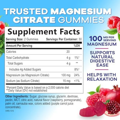 Magnesiumcitrat Gummibärchen für Erwachsene & Kinder – Hochabsorbierendes Magnesiumpräparat – Premium-Unterstützung für Ruhe, Entspannung, Muskeln, Nerven, Knochen & Herz – Leckerer veganer Gummibärchen-Ergänzungsstoff – 60 Gummibärchen